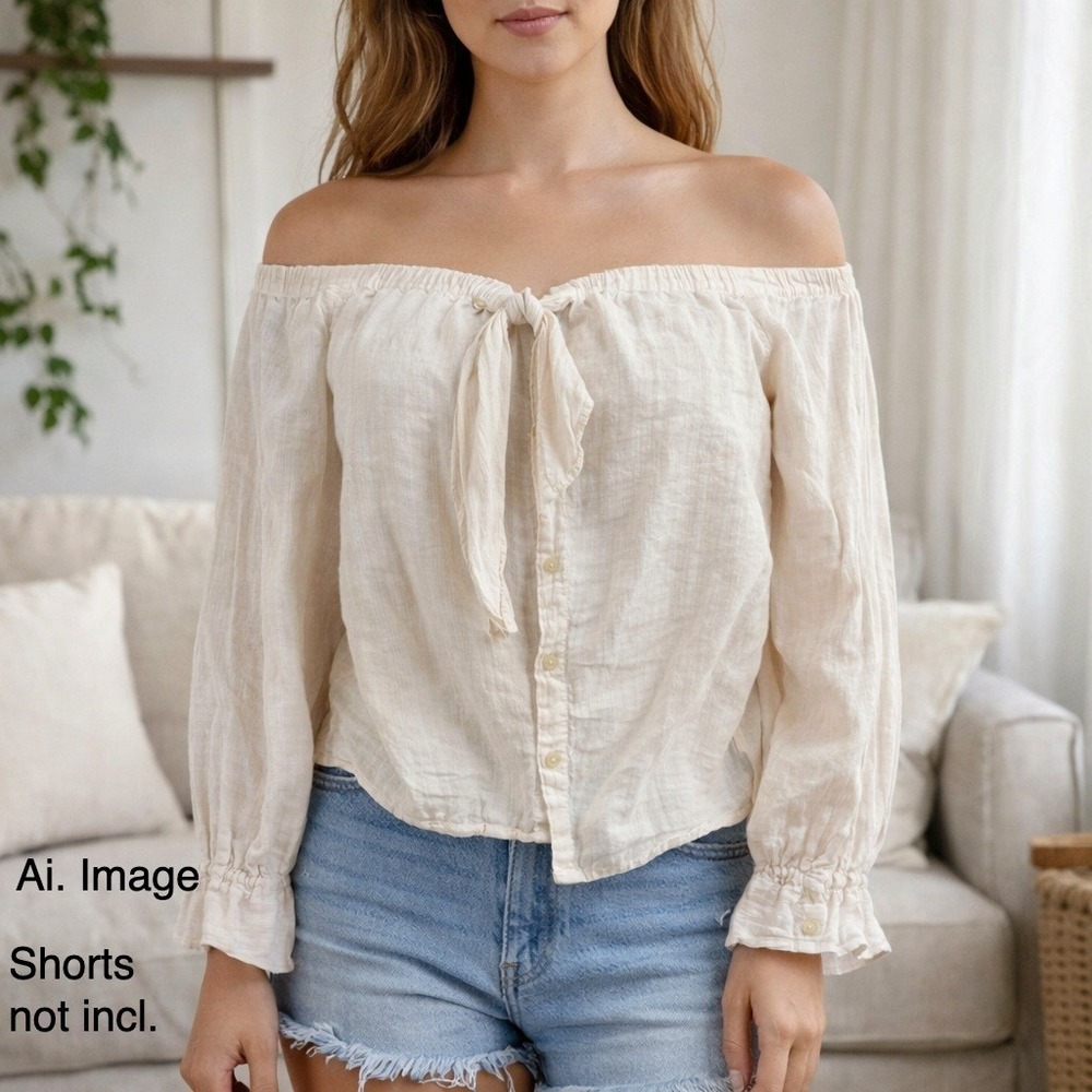 Free People Off-Shoulder Cream Tie-Front Blouse